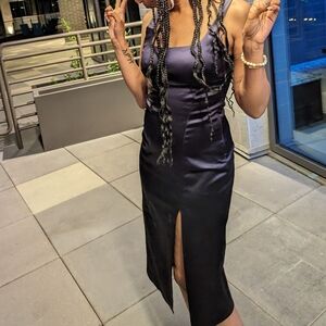 Elegant Dark Purple Satin Dress with Slit